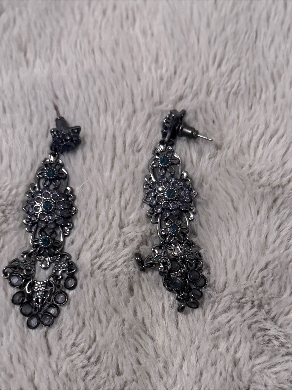 Gunmetal Filigree Floral Drop Earrings | Blue Rhinestone Dangle 3"